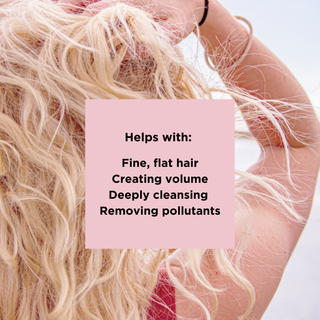 Pink Salt Shampoo helps with fine flat hair. Creating volume and deeply cleansing