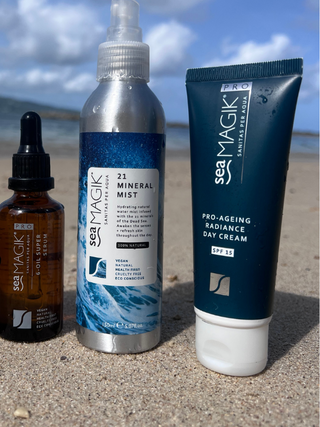 Sea Magik skincare products; serum, mineral mist and day cream